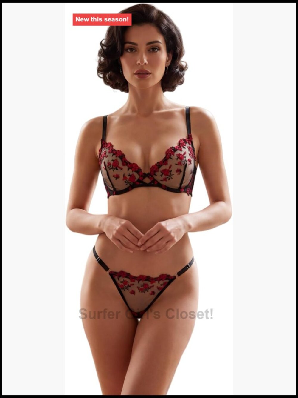 Floral Embroidery Mesh Bra & Thong Lingerie Set Women Sheer 2-Piece